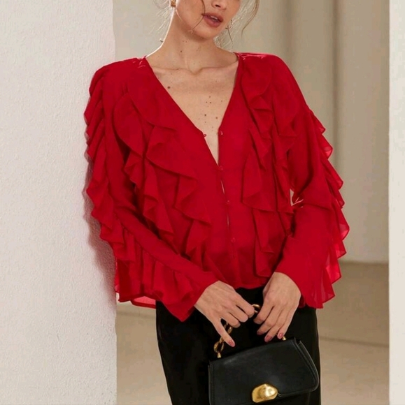 Elegant French Style Versatile Valentine's Day Red Chiffon V-Neck Ruffle Blouse - Picture 1 of 5